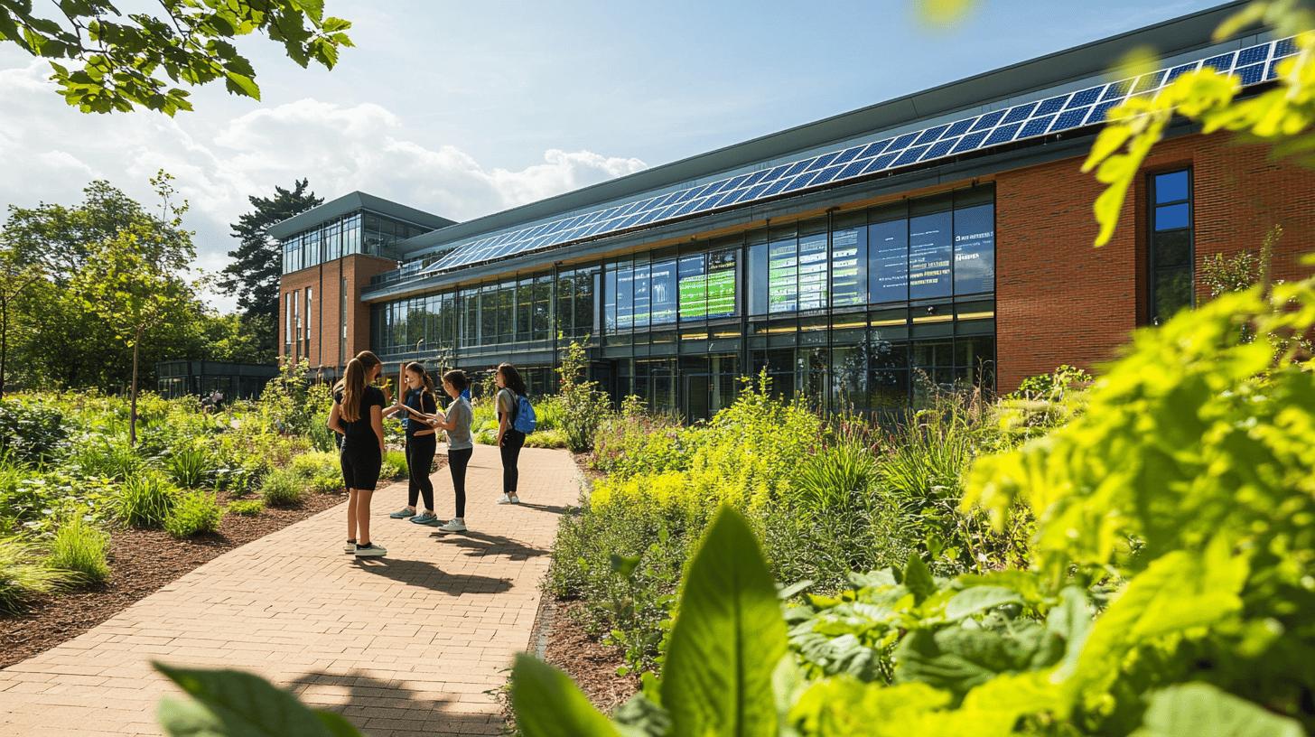 Modern sustainable university building with solar panels, surrounded by lush green landscaping and pedestrian walkway with four people walking near brick and glass structure on a sunny day