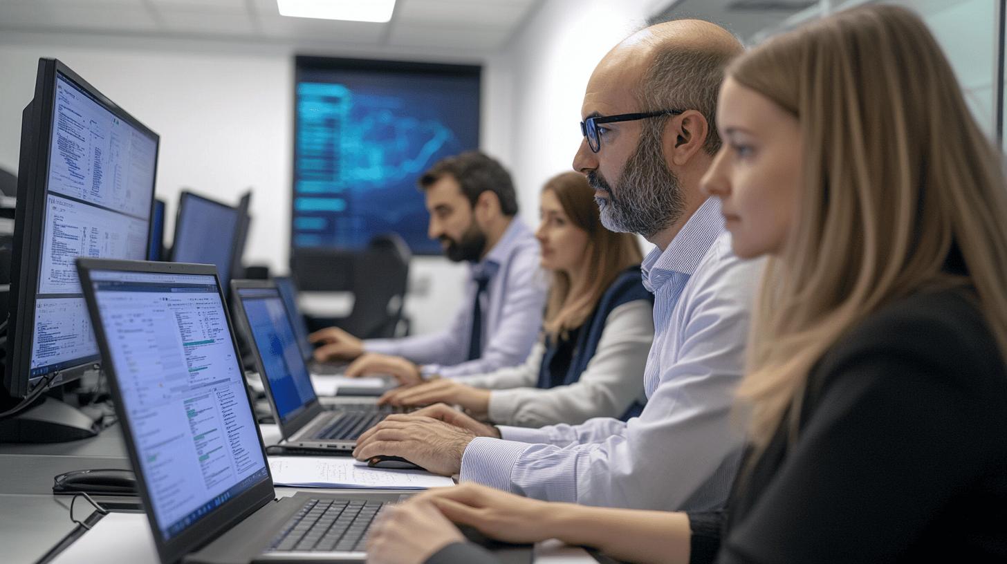 Professional IT team working together in data center control room with multiple computer monitors and screens, analyzing digital information and collaborative technology infrastructure