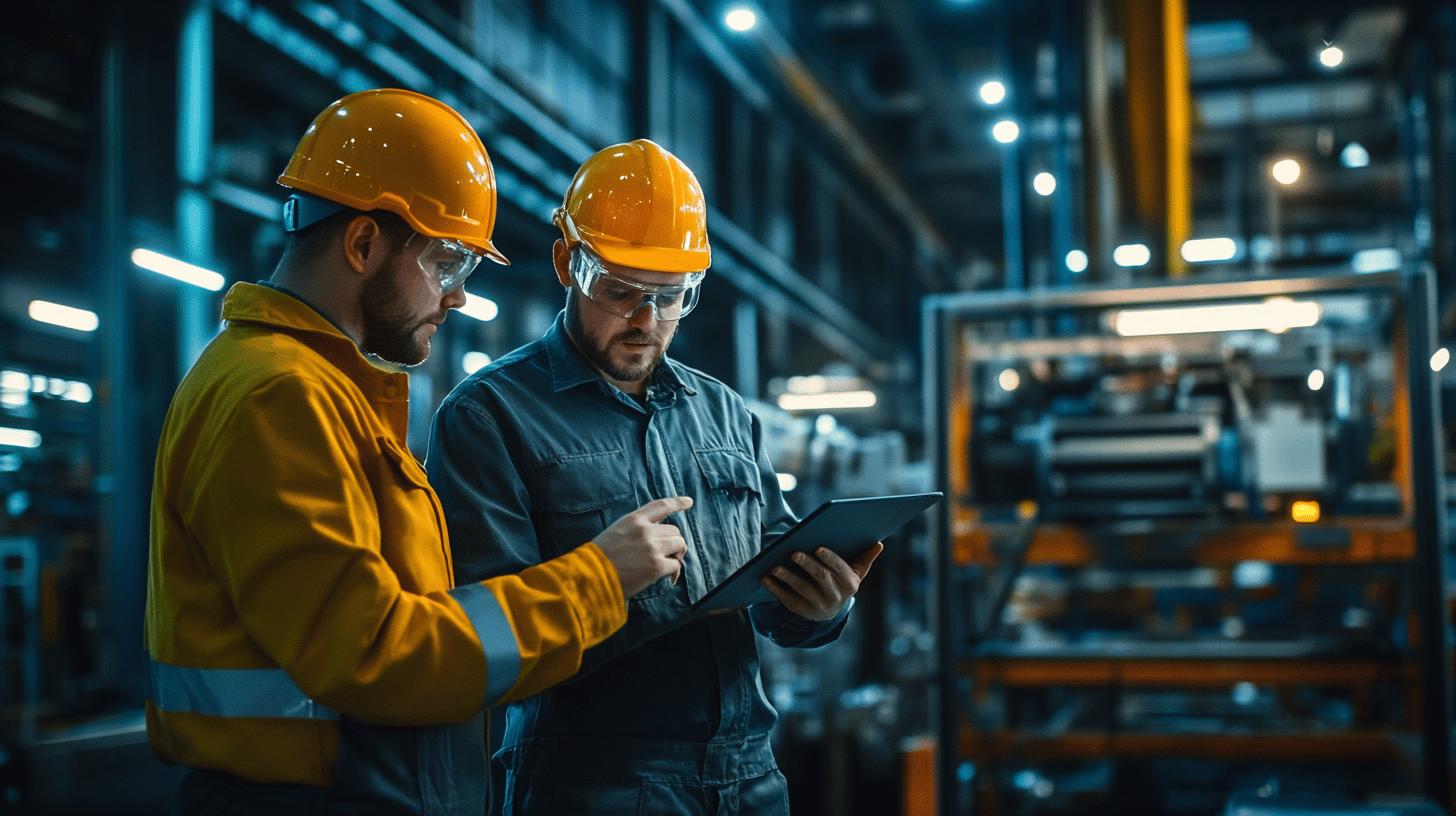 Workers in safety helmets reviewing digital tablet in industrial manufacturing facility at night, examining machinery and production data with focused collaboration