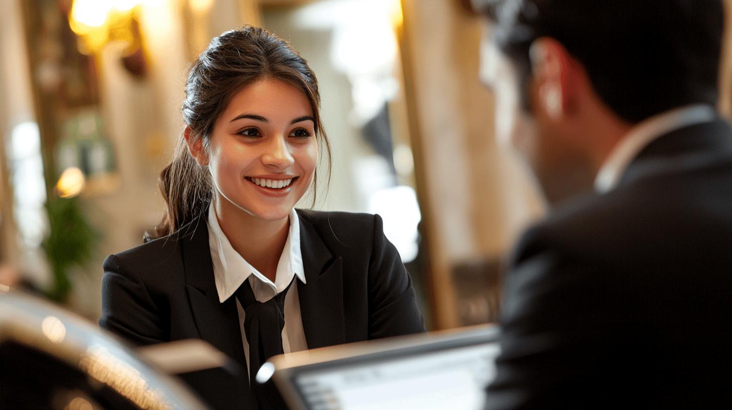 Smiling professional in black blazer and white shirt during business meeting in elegant office setting