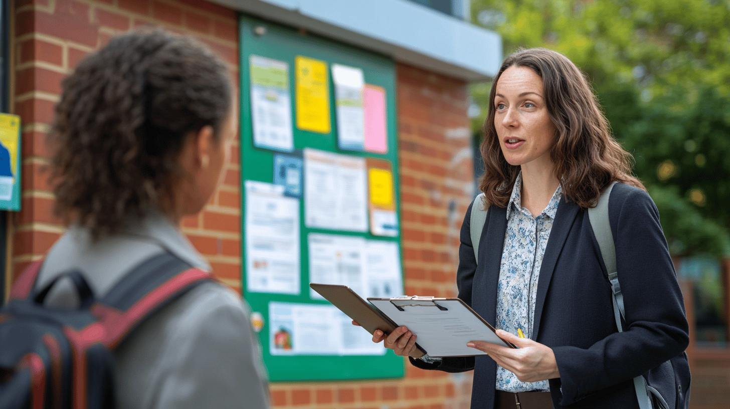 medium shot of a teacher in professional attire holding a clipboard, speaking with a student near a bulletin board, educational setting with brick wall and green noticeboard in background