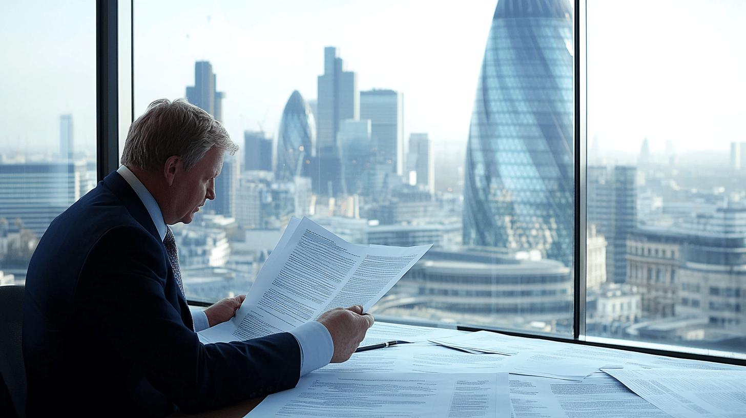 Professional executive reviewing documents overlooking London's financial district skyscrapers, with the Gherkin and modern office towers visible through floor-to-ceiling windows, capturing corporate business environment
