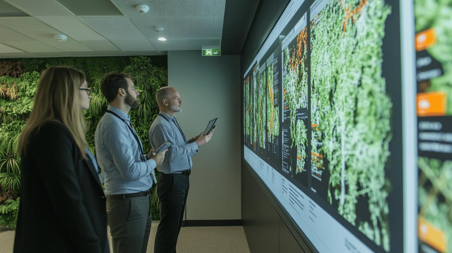 Green vertical garden wall with data visualization screens, three professionals analyzing environmental data with digital displays in modern office setting