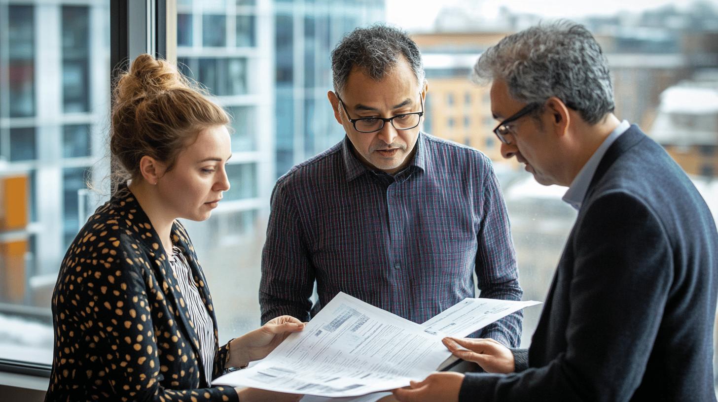 Professional business team reviewing documents near office window with urban cityscape in background, collaborative meeting with focused colleagues analyzing paperwork together