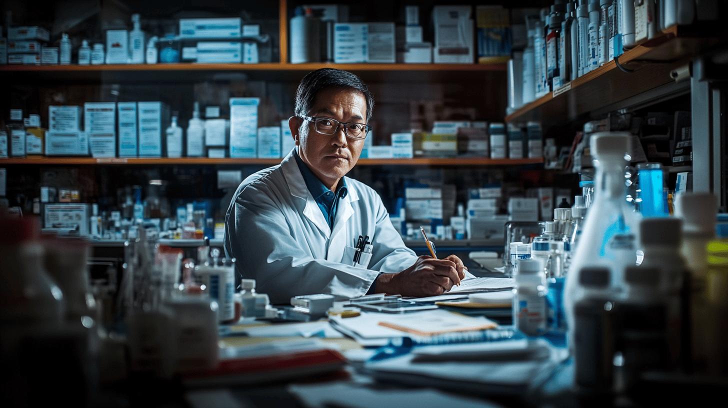 Focused scientist in white lab coat working at desk surrounded by medical research supplies and laboratory bottles, wearing glasses and carefully taking notes in dimly lit pharmaceutical research environment