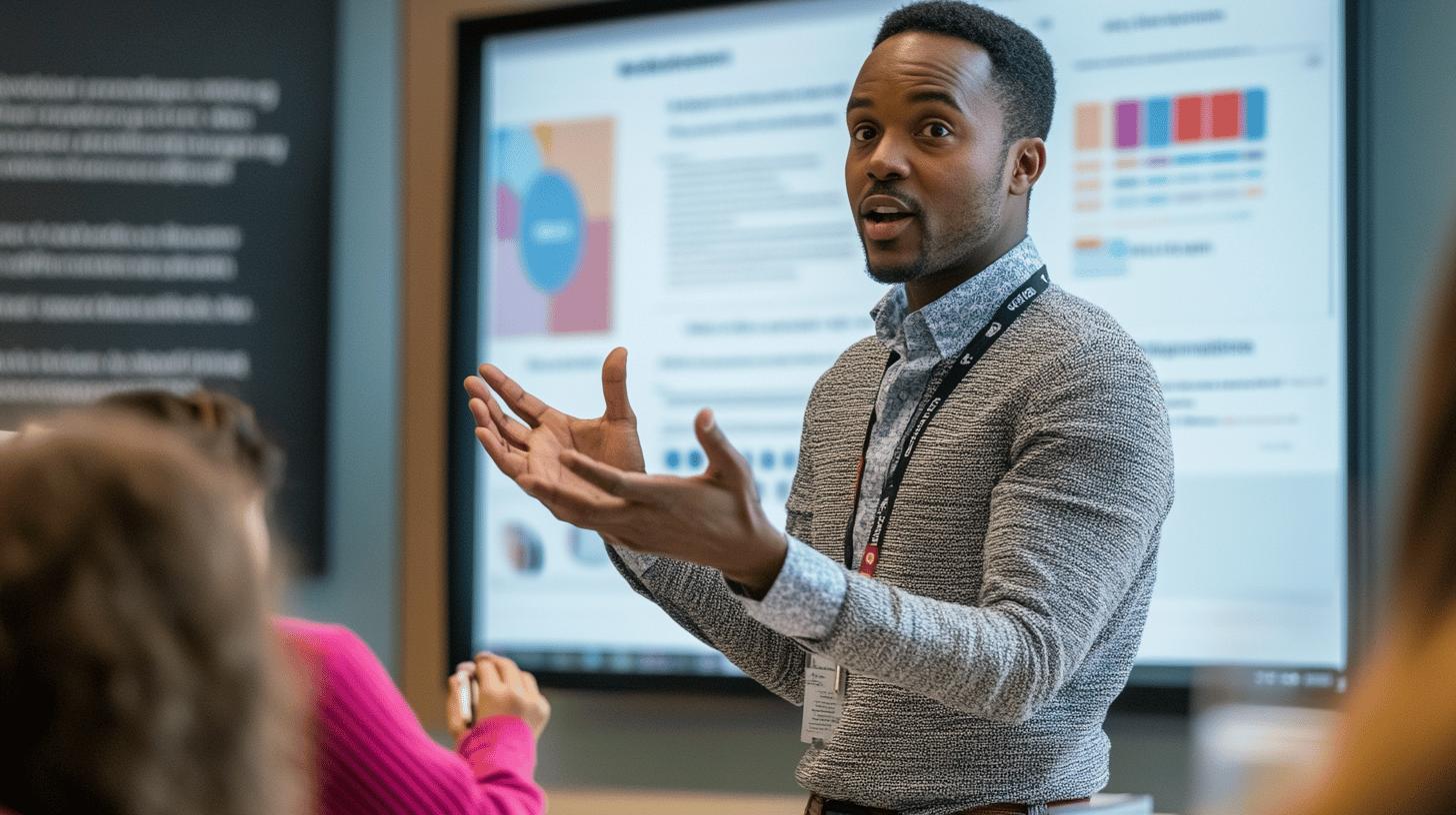 Professional presenter gesturing while explaining data analytics on screen during business meeting