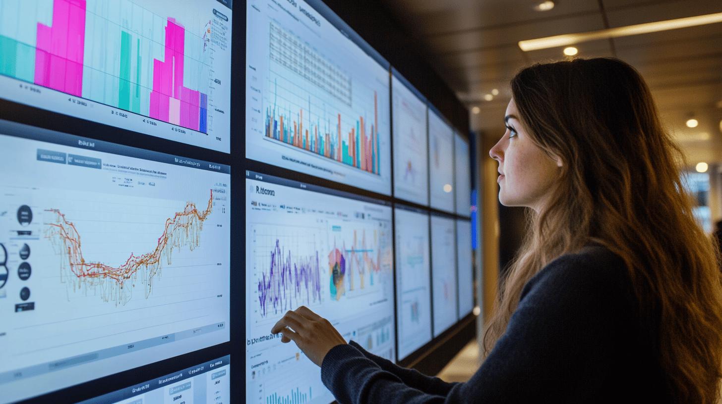Data analyst reviewing colorful financial graphs and performance metrics on multiple digital screens in a modern monitoring room