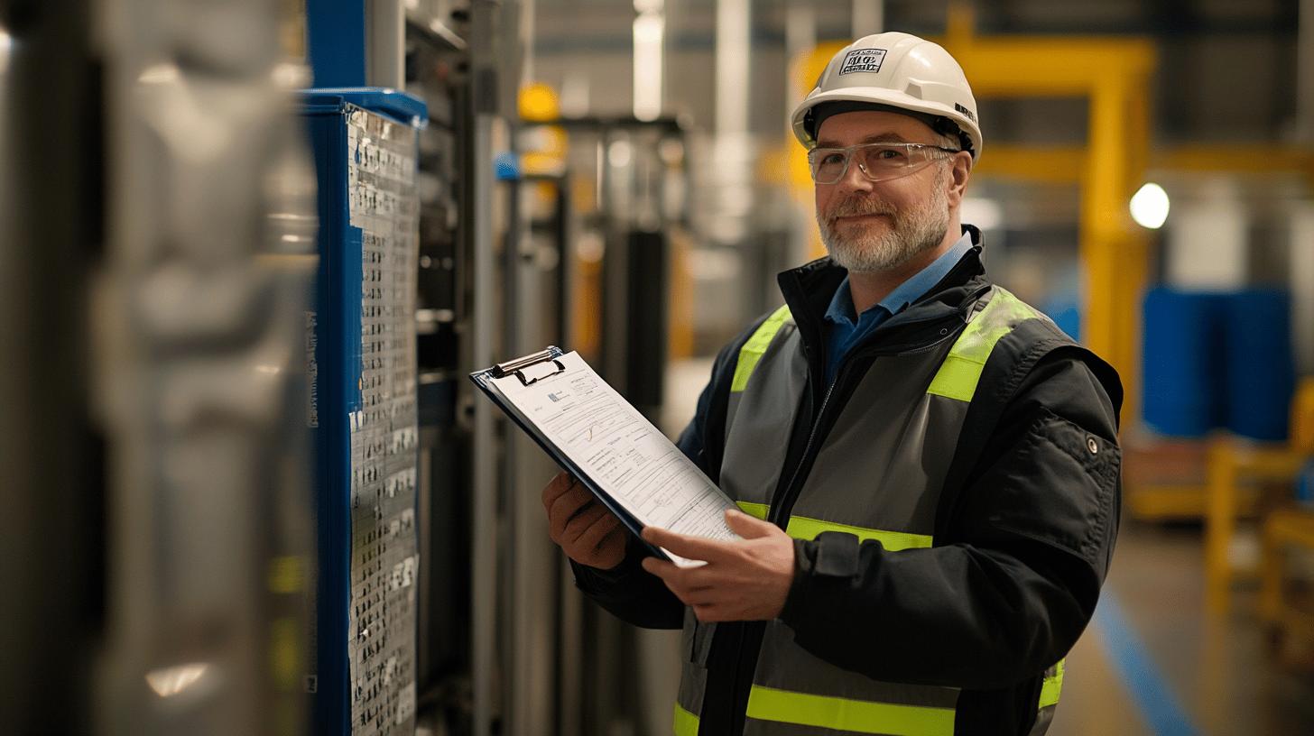 Industrial safety inspector in hard hat and reflective vest checking clipboard in manufacturing facility