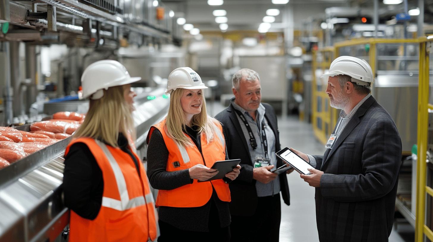 Industrial manufacturing facility with workers in safety vests and hard hats discussing project details, using digital tablets near production line with packaged goods
