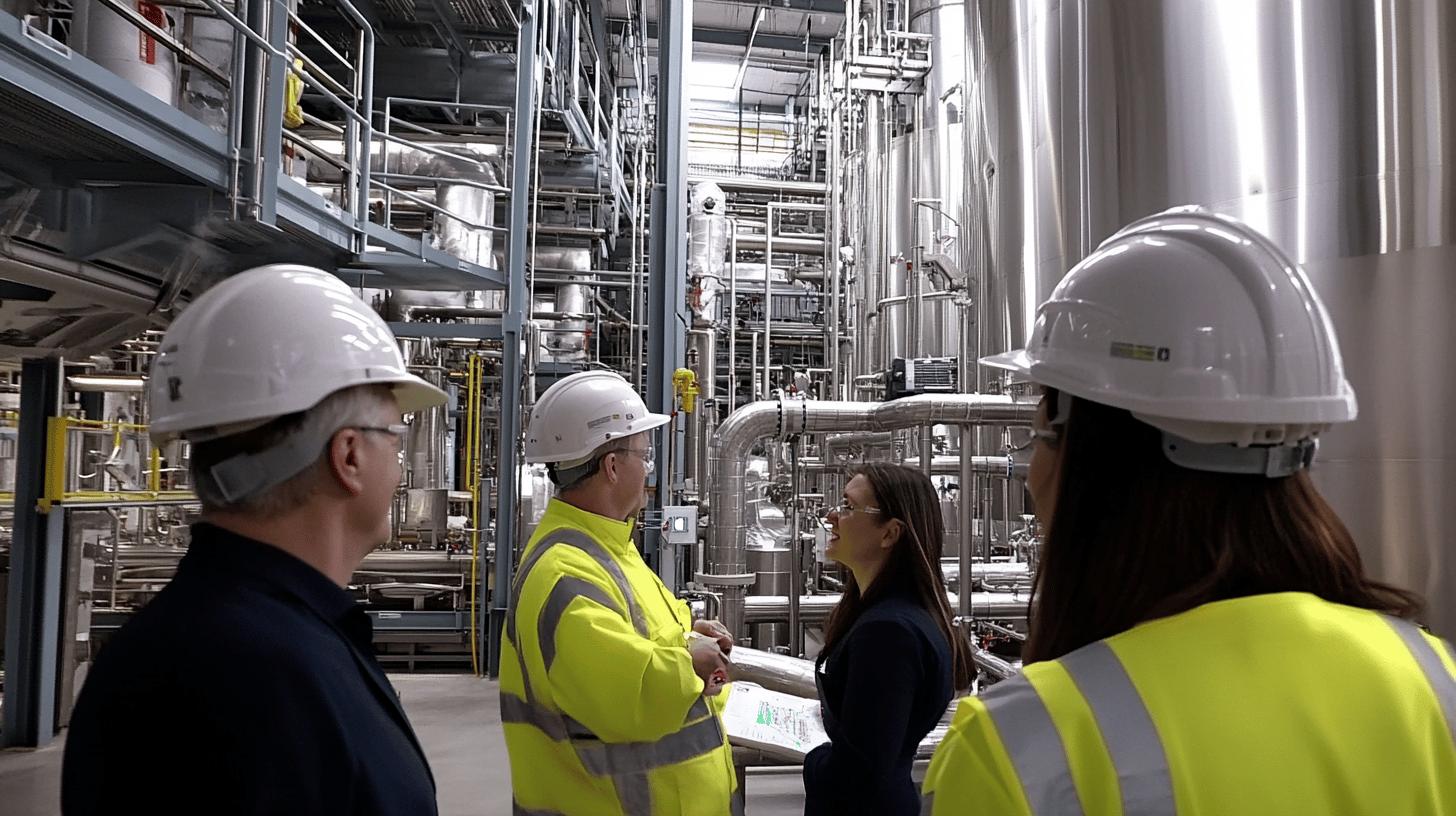 Industrial facility with workers in hard hats and safety vests discussing project among complex stainless steel machinery and pipelines