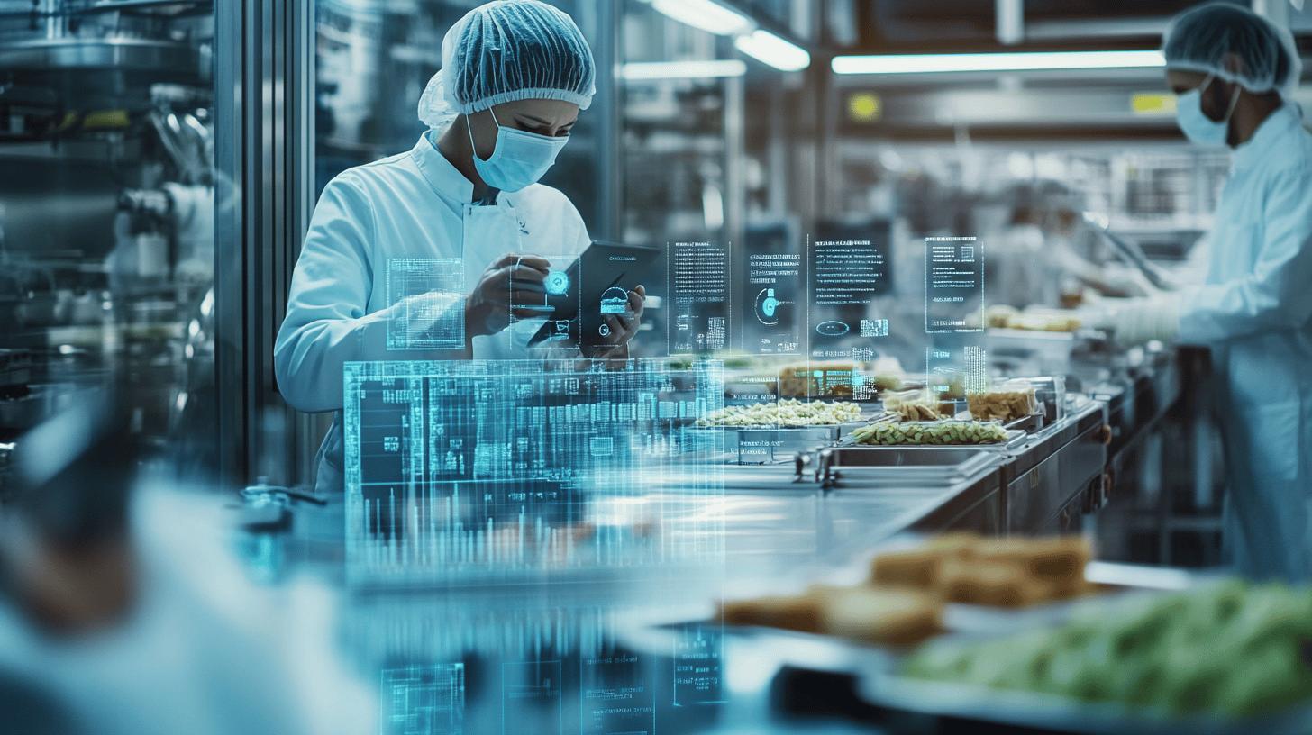Clean room food production facility with high-tech holographic data interfaces, showing workers in sterile protective gear analyzing digital food processing information and quality control metrics
