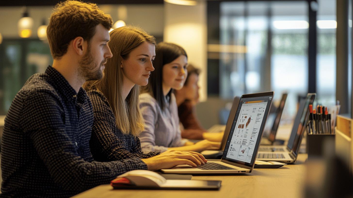 Professional team collaborating on project in modern office workspace with laptops and warm lighting