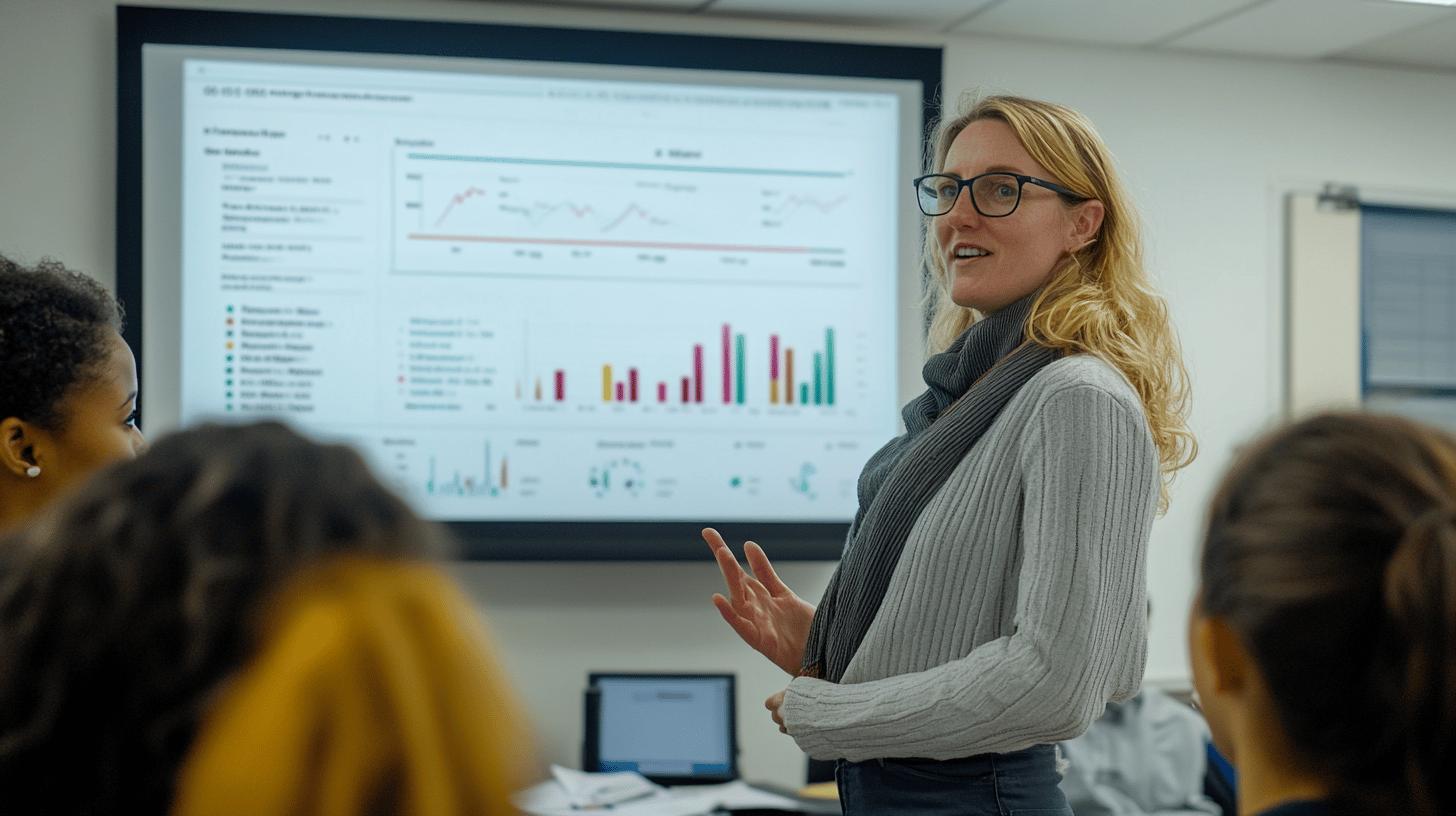 Professional business analyst presenting data visualization dashboard to colleagues in office meeting room, gesturing while explaining complex analytics charts and graphs on large screen