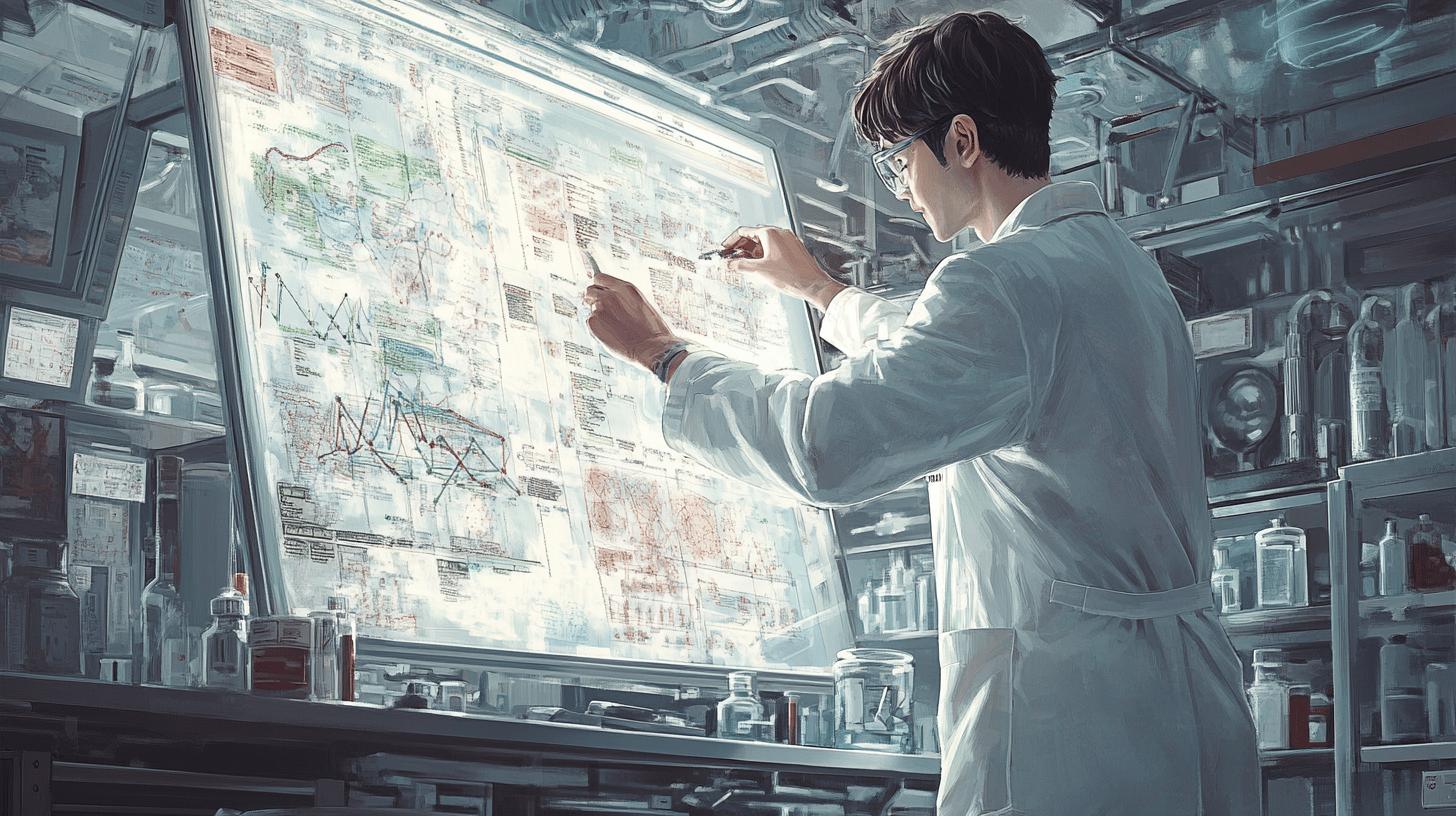 Scientist analyzing complex data visualization on illuminated screen in high-tech laboratory, surrounded by scientific equipment and glass bottles, wearing white lab coat and glasses