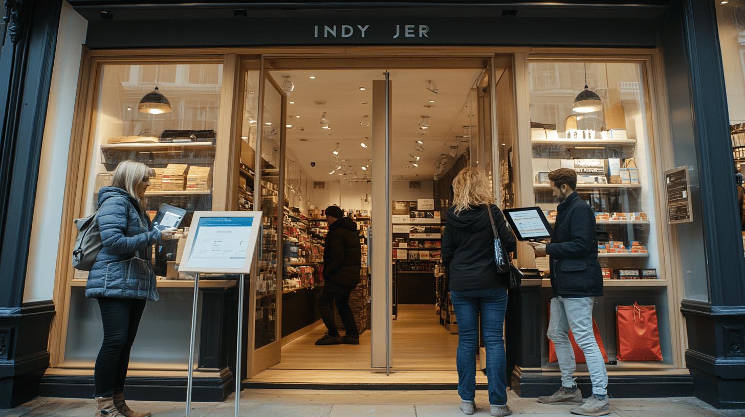 Independent bookstore storefront with digital tablets, customers browsing near glass entrance, warm interior lighting, shelves of books and products visible, modern retail design with