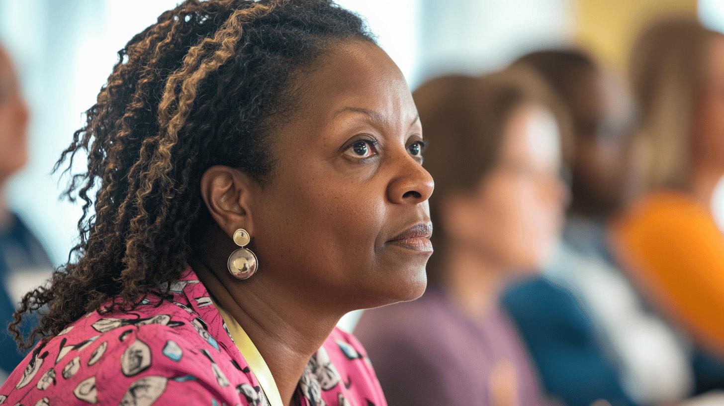 Professional Black woman with curly hair in pink patterned shirt attentively listening in meeting with blurred background