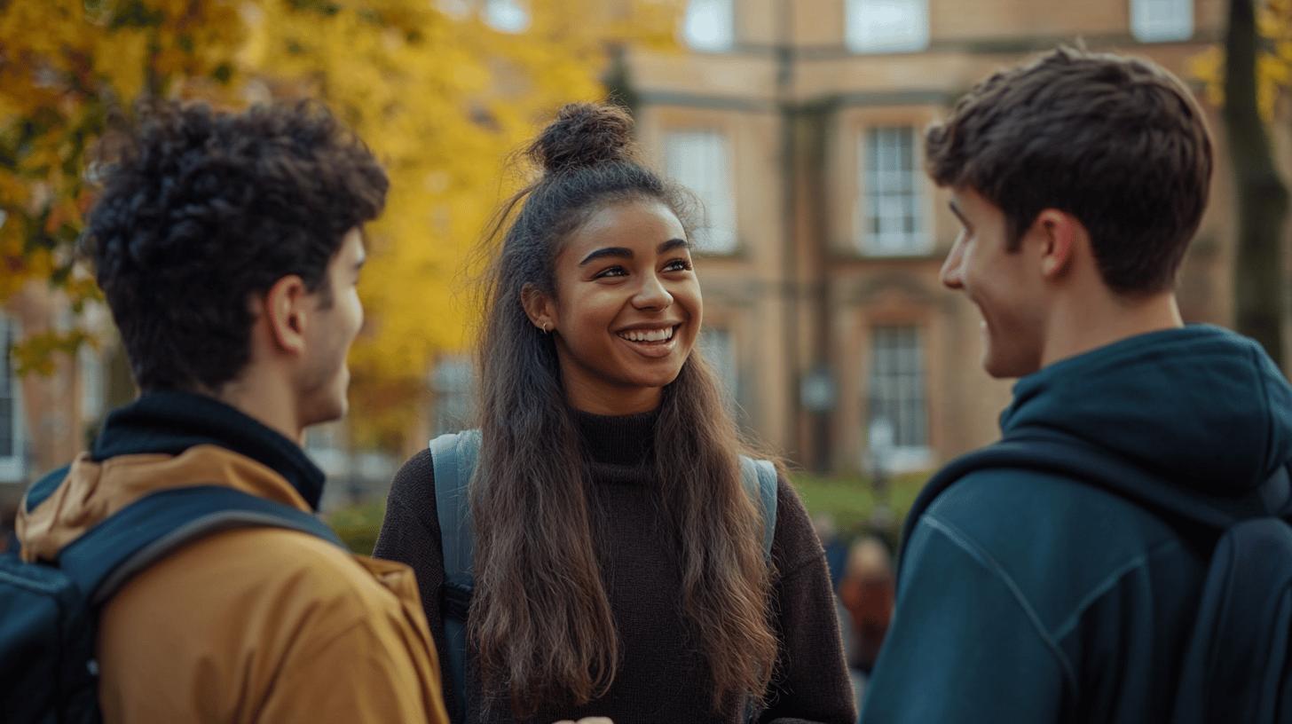 Smiling young student with backpack talking with friends on university campus during autumn, with golden yellow trees and brick buildings in background