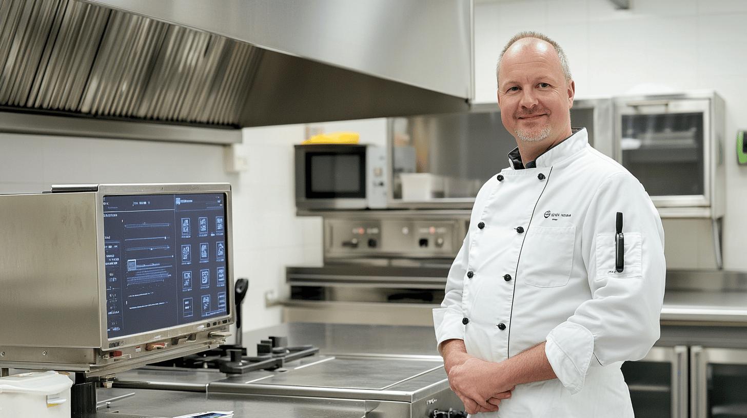 Professional chef in white uniform standing in modern commercial kitchen with stainless steel equipment and digital monitor displaying technical interface