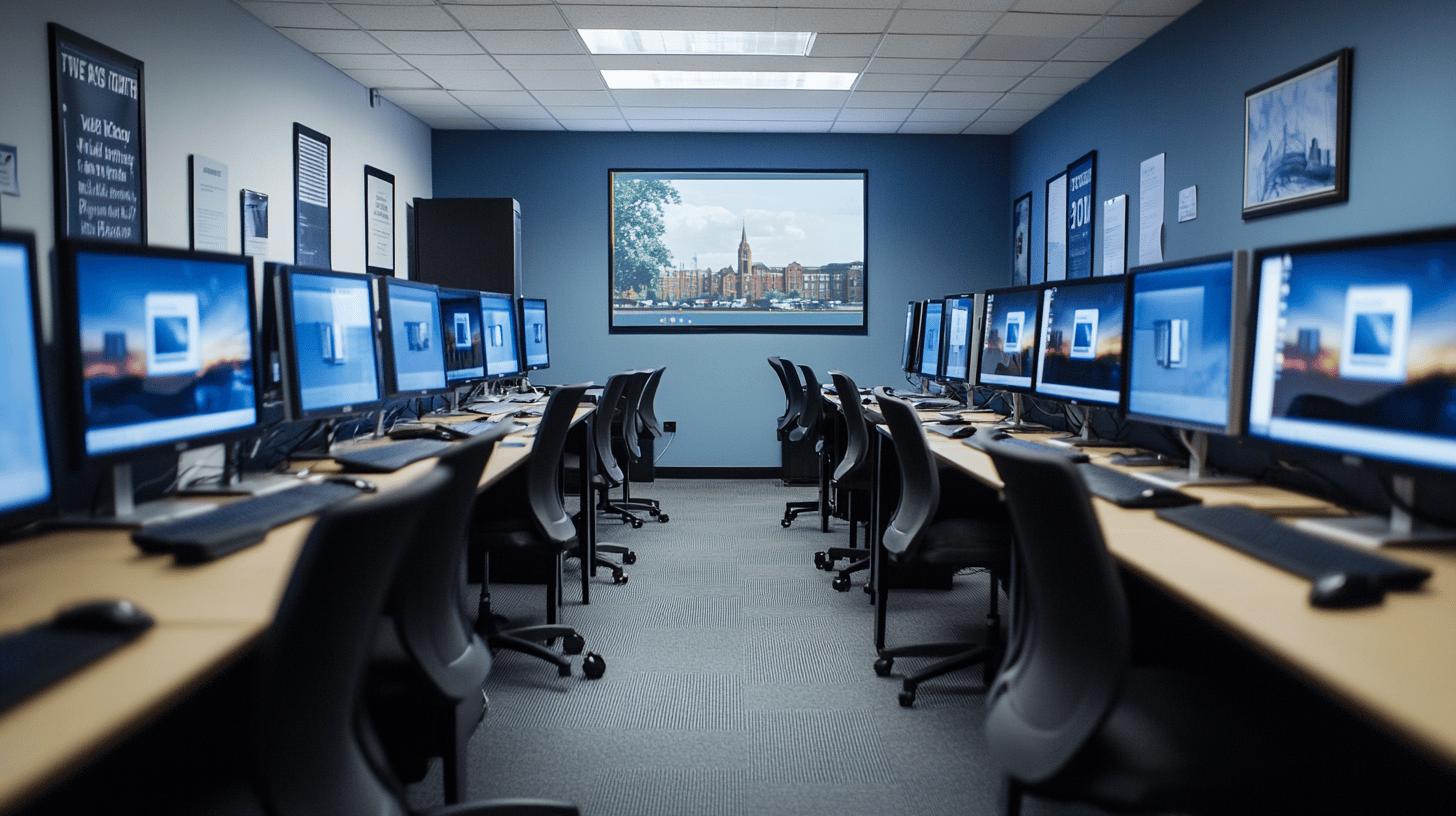 Modern computer lab with multiple workstations, blue-toned walls, rows of black office chairs, and multiple computer monitors displaying urban cityscape background