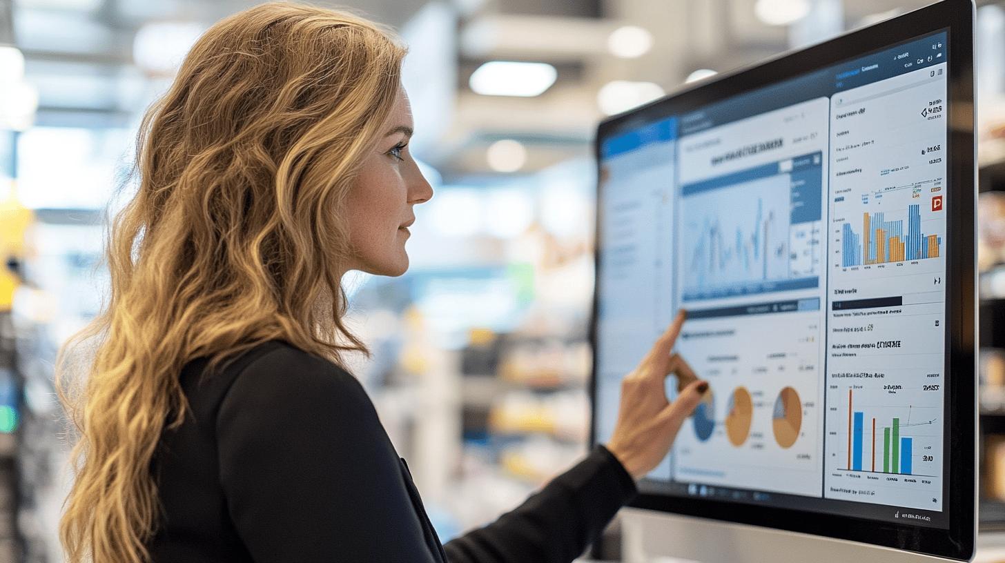 Professional analyzing business performance data on interactive touchscreen monitor with bar graphs and financial charts in modern office environment
