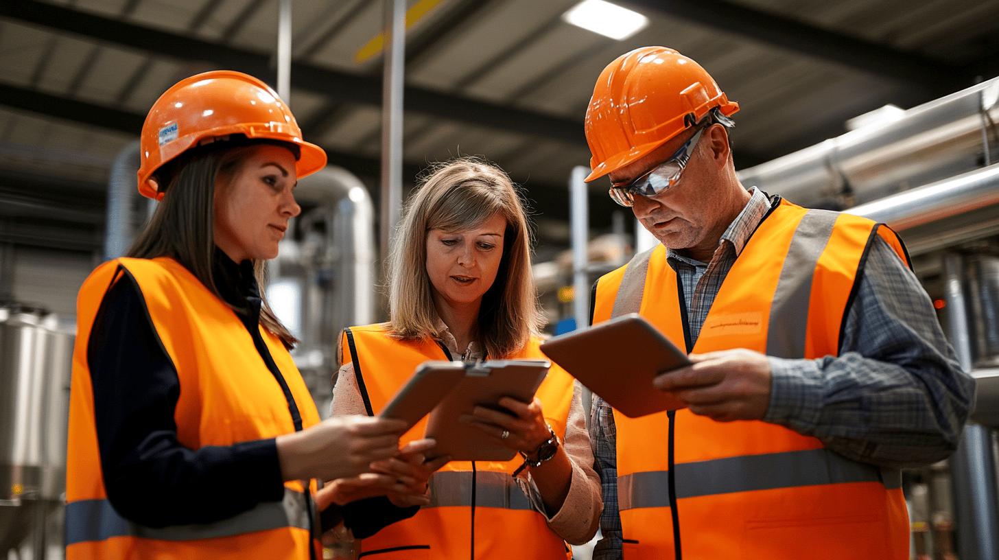 Industrial workers in orange safety vests and hard hats reviewing documents on clipboard in manufacturing facility