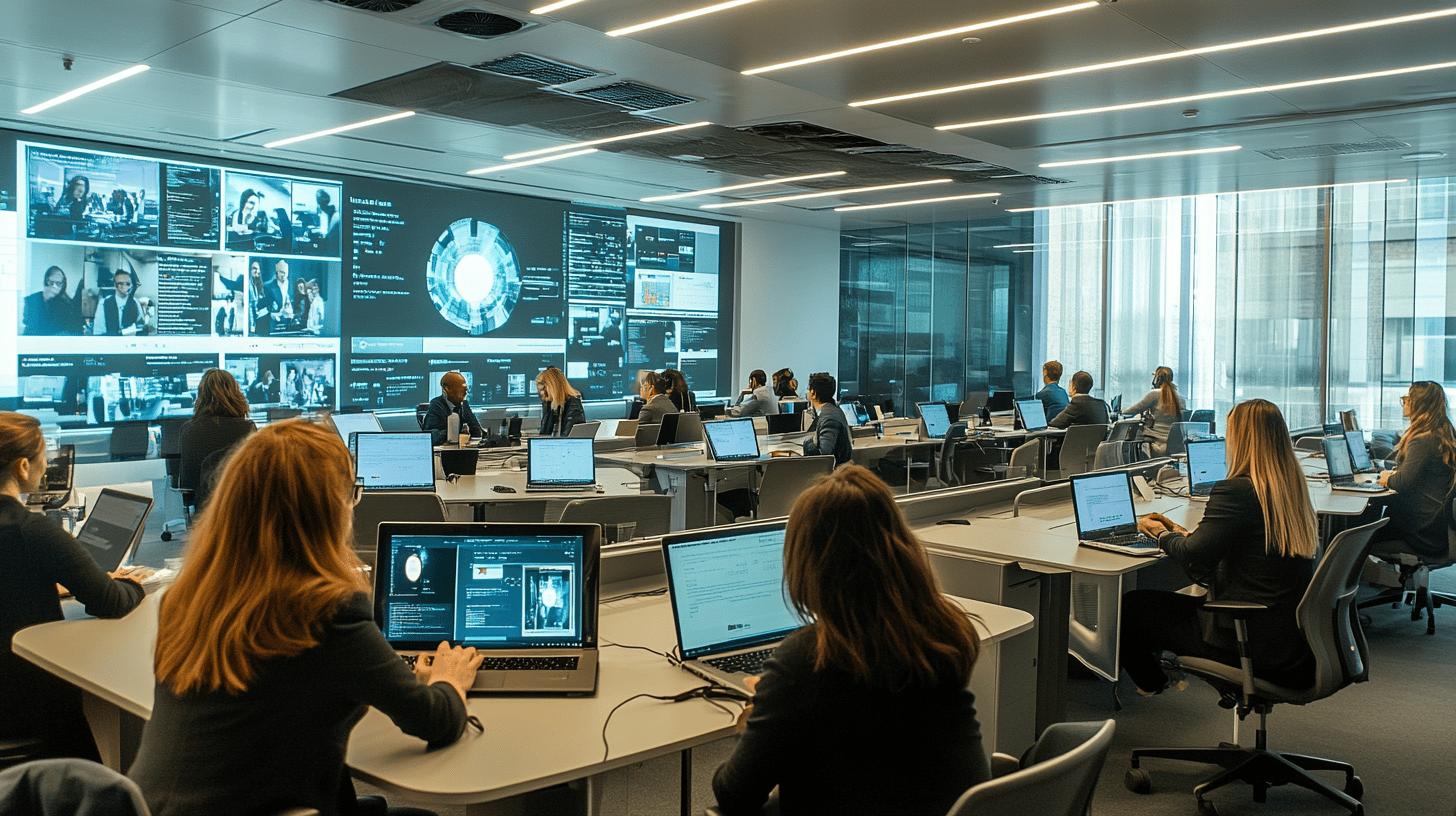 Modern technology control room with multiple professionals working on laptops, large digital screens displaying data visualizations, and a sleek glass-walled workspace with advanced monitoring systems and collaborative workstations