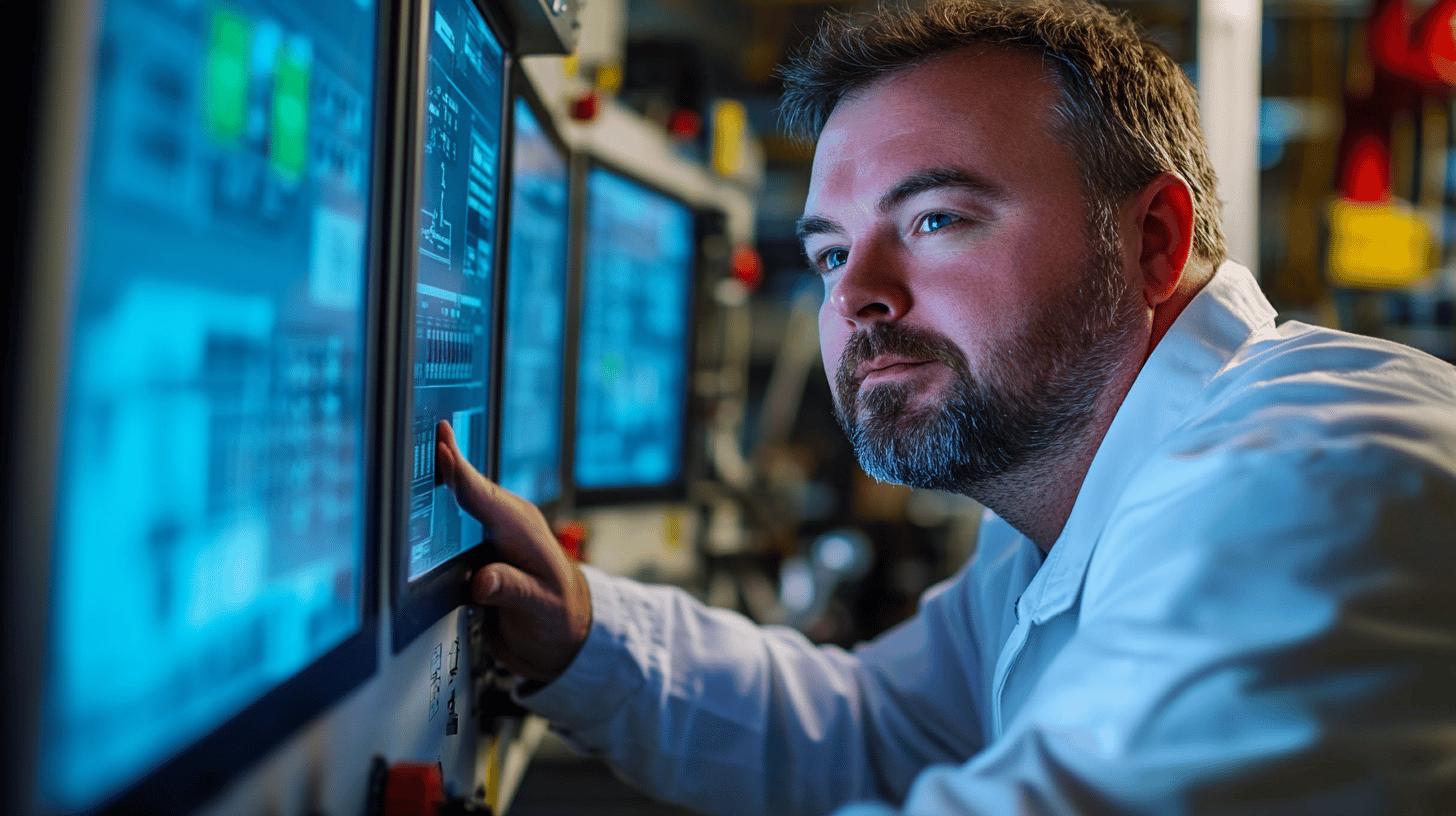 Technician analyzing data on multiple blue-tinted computer monitors in a high-tech control room, wearing a white lab coat and focusing intently on digital interface screens