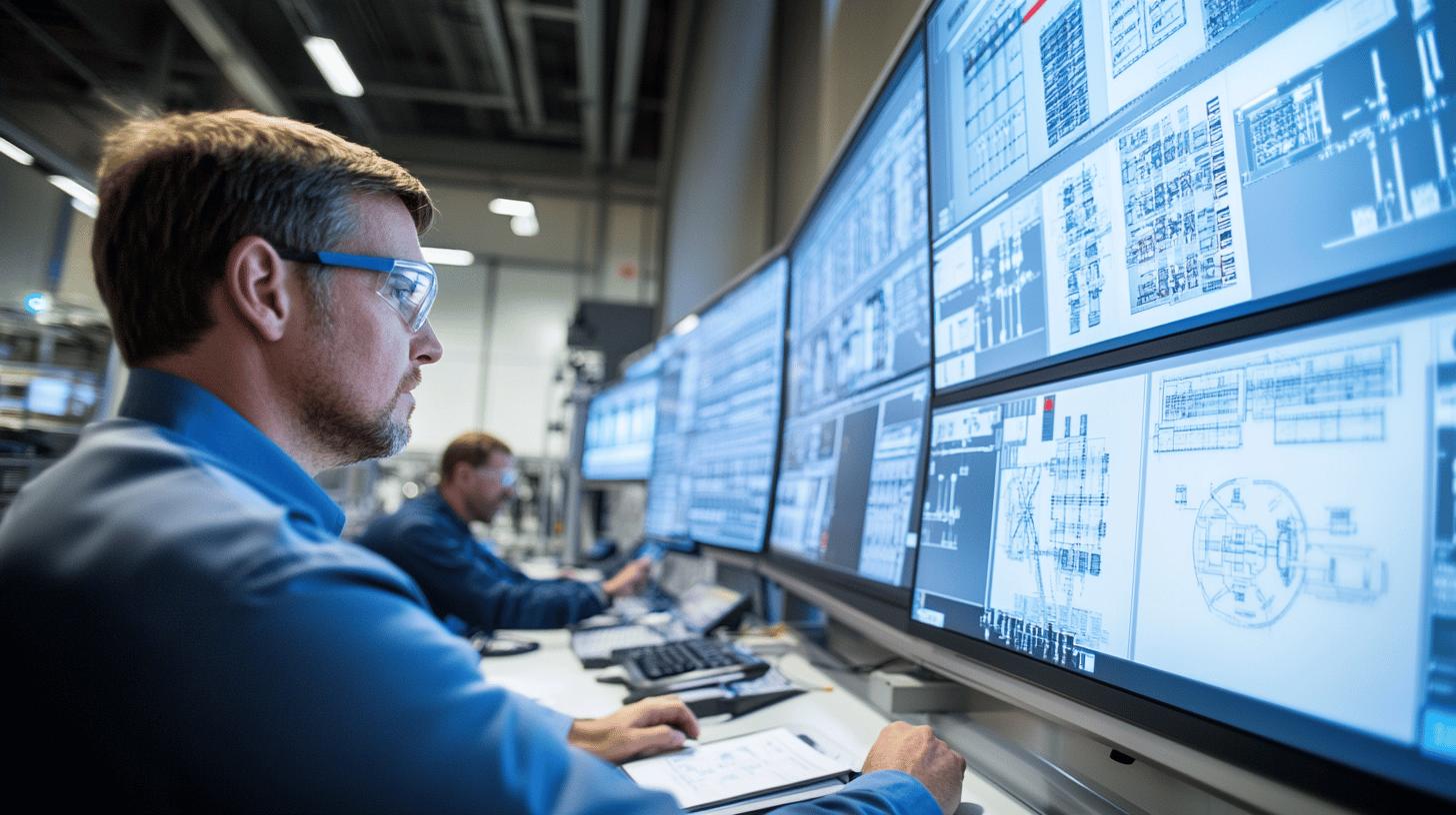 Engineer monitoring technical blueprints and schematics on multiple computer screens in industrial control room, wearing safety glasses and blue uniform