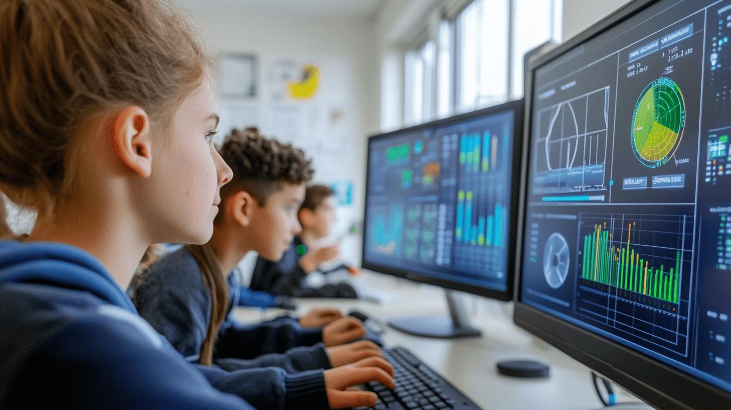 Young students analyzing data visualization and charts on computer monitors in classroom setting, focused on digital analytics and technology learning