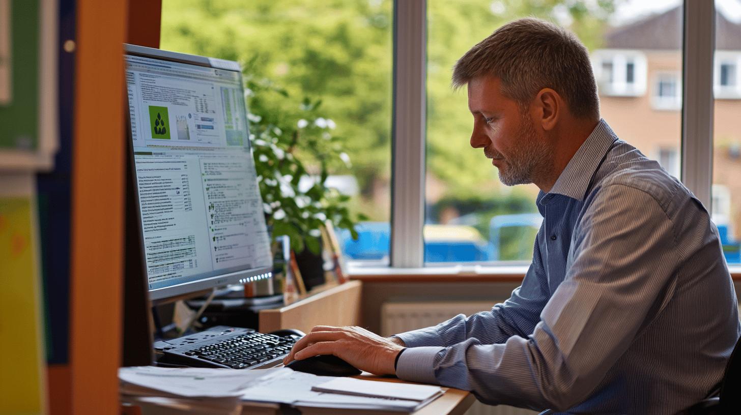 Professional working at computer near sunny window, analyzing documents on screen while sitting at office desk with houseplant in background