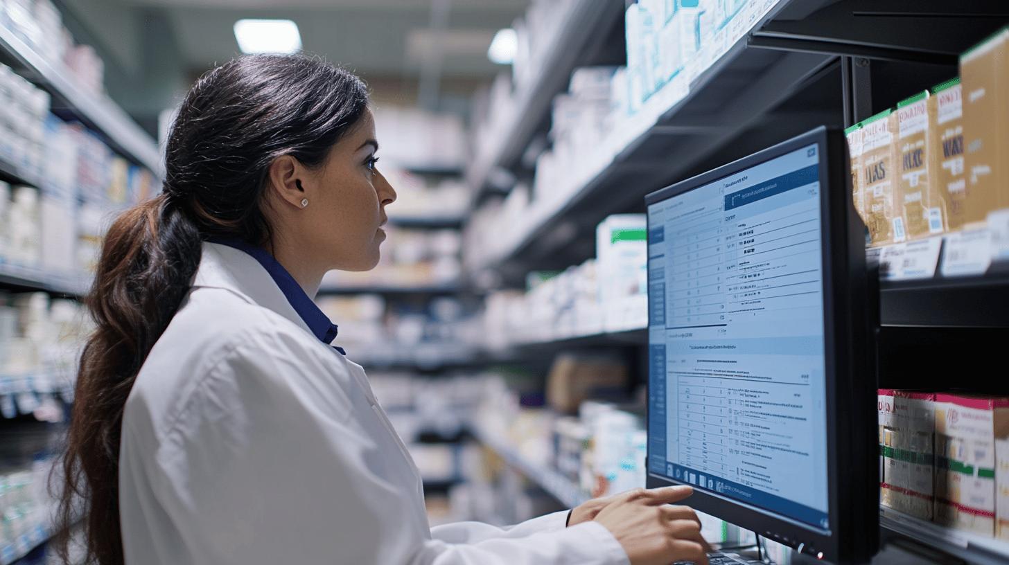 Pharmacist checking inventory and medication records on computer in pharmaceutical storage room