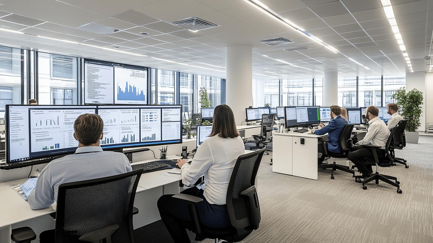 Modern open-plan office with data analysts working on multiple monitors displaying financial graphs, charts, and business analytics in a bright, minimalist workspace with large windows and contemporary design