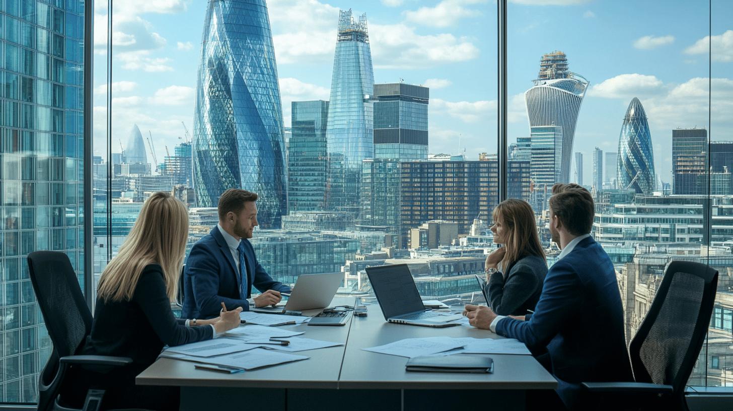 Business meeting in modern office with London financial district skyline, featuring Gherkin and Walkie-Talkie buildings, professionals in corporate attire collaborating around conference table with laptops and documents