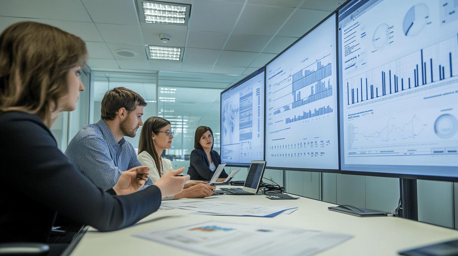 Professional team analyzing data visualization on large monitors in modern corporate meeting room with business analytics dashboard displayed