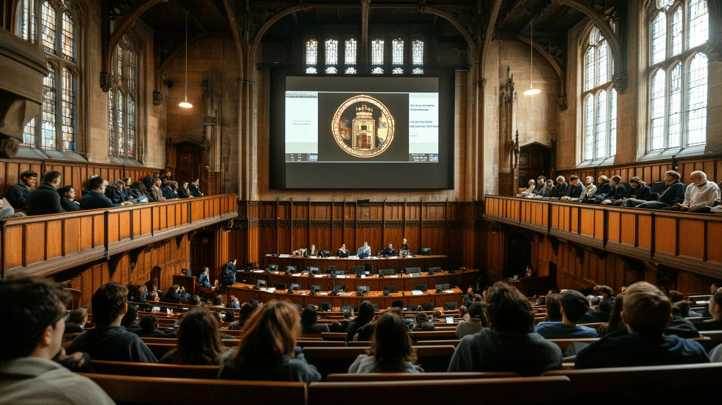 historic lecture hall with gothic architecture, wooden paneling, and a large audience attending a presentation with a projected institutional seal, showcasing academic or governmental proceedings in a traditional setting
