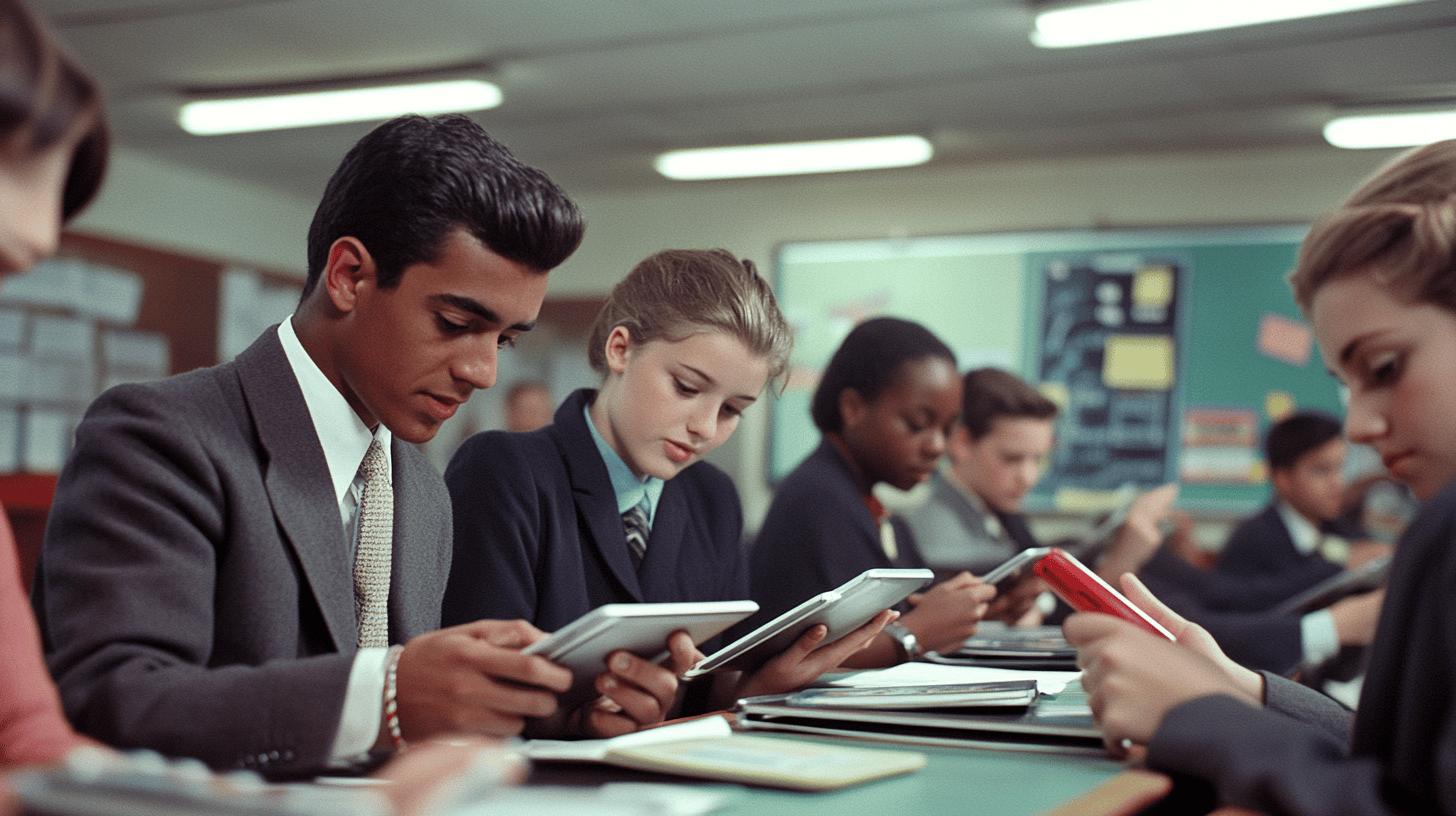 Students in school uniforms using tablets in classroom during digital learning lesson, with diverse students focused on electronic devices at their desks