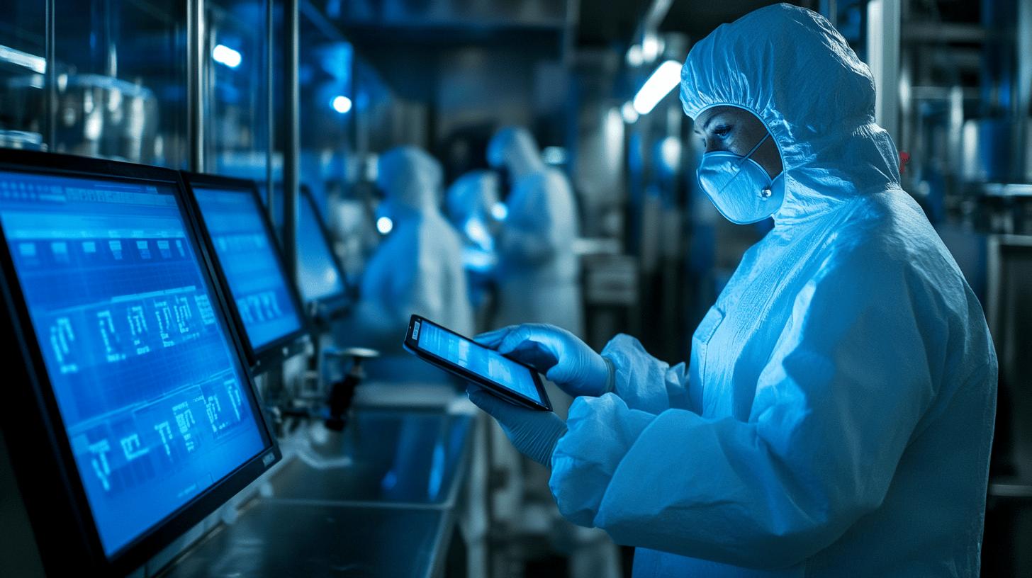 cleanroom technician in sterile protective equipment monitoring data on computer screens and tablet in high-tech laboratory environment with blue lighting