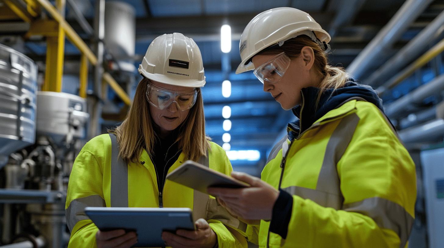 industrial workers in safety gear reviewing data on tablets in manufacturing facility, wearing high-visibility yellow vests and white hard hats, focused on technical collaboration