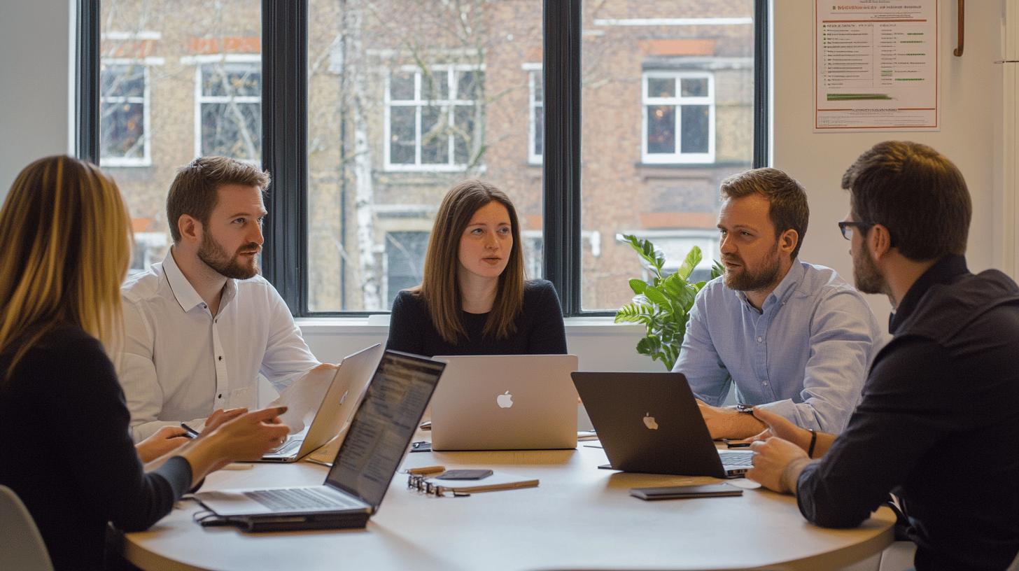Collaborative business meeting with five professionals using MacBook laptops in a bright, modern office setting with large windows and a green plant in the background