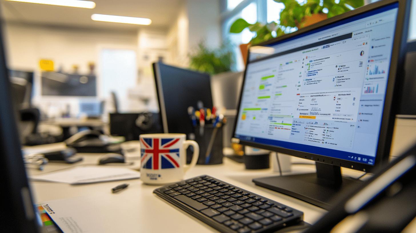 Modern office workspace with computer monitor displaying analytics, British flag mug, keyboard, and office supplies on desk with green plants in background