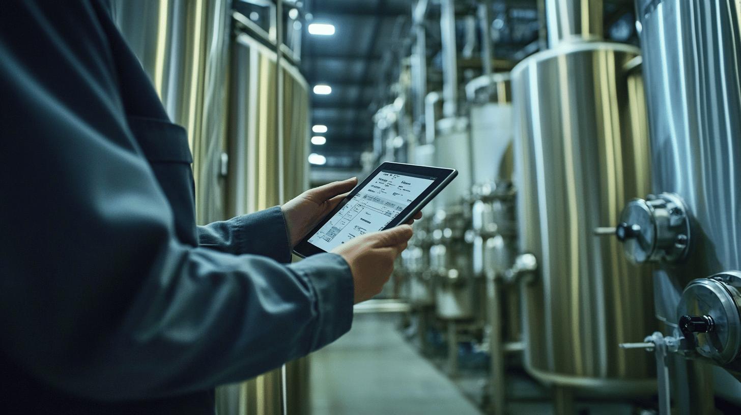 Industrial brewery technician checking production metrics on tablet amid stainless steel fermentation tanks