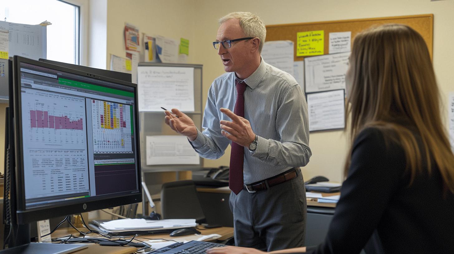 Professional analyzing data visualization on computer screen while explaining chart details to colleague in office setting