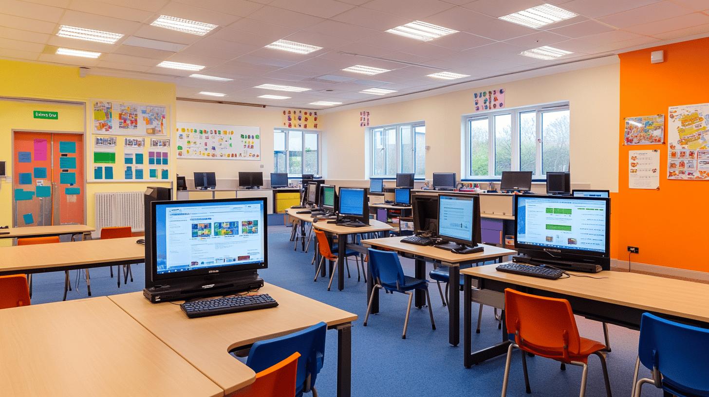 Modern school computer classroom with colorful blue, yellow, and orange walls, multiple workstations, desktop computers, large windows, and educational posters, ready for digital learning