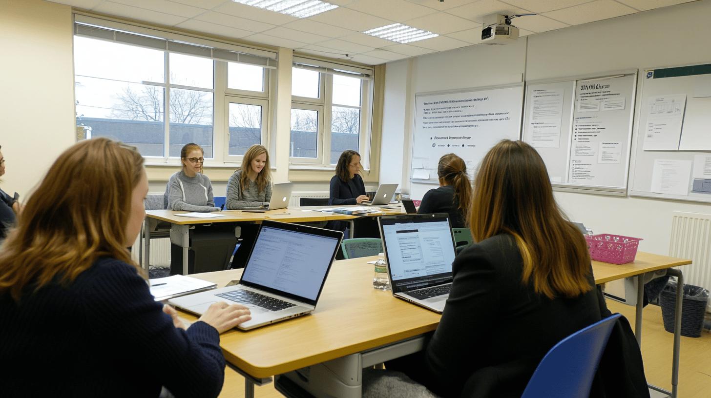Professional women working on laptops in bright classroom with large windows and instructional charts, viewed from behind showing collaborative workspace and modern learning environment