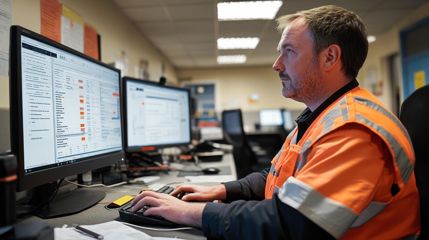 Industrial worker in high-visibility safety vest analyzing data on computer monitors in control room workplace