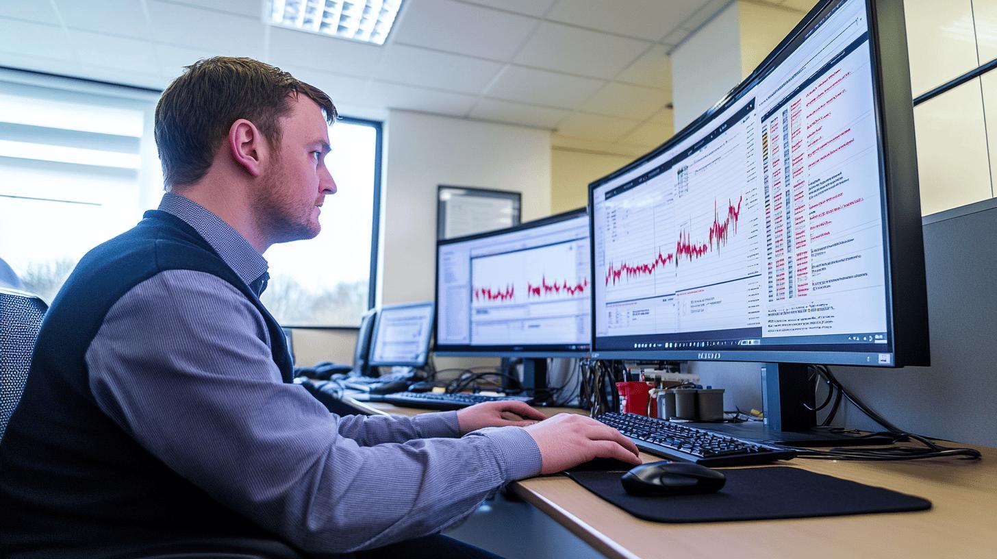 Professional data analyst working on multi-monitor computer setup with financial charts and graphs in modern office environment