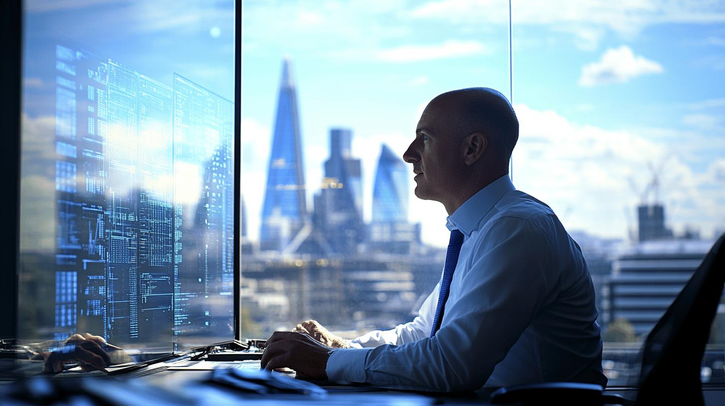 Professional businessman analyzing digital data with London cityscape in background, futuristic technology interface on glass window displaying complex analytics and urban skyline