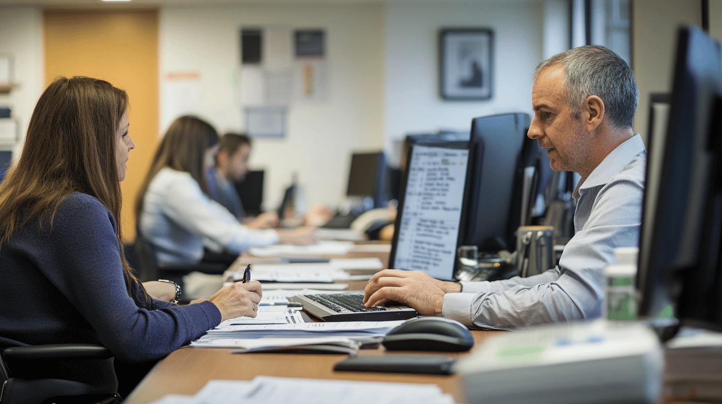 Professional workplace scene with two office workers at desks with computers, collaborating on documents in a corporate office environment with multiple employees working in background