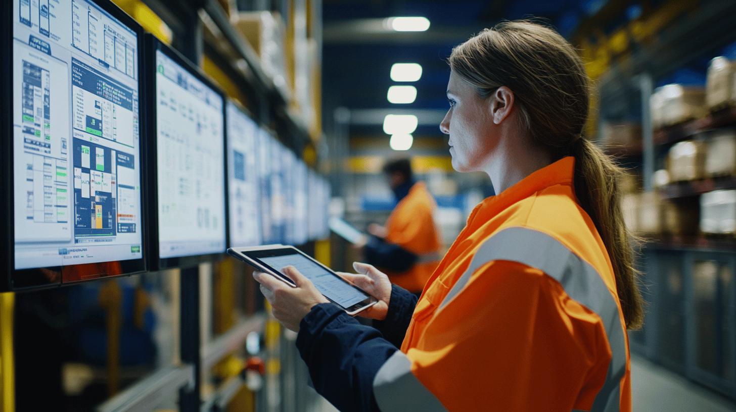 Warehouse worker in high-visibility vest monitoring inventory systems on multiple screens while holding a tablet, showcasing modern logistics technology and digital inventory management