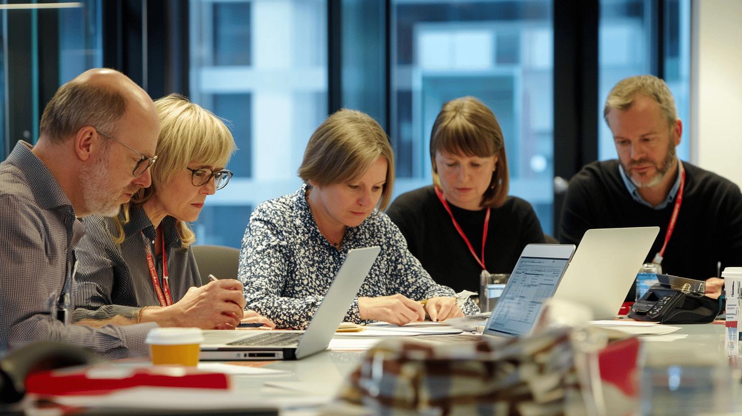 Professional team collaborating in modern office meeting room, working together on laptops and documents with focused expressions